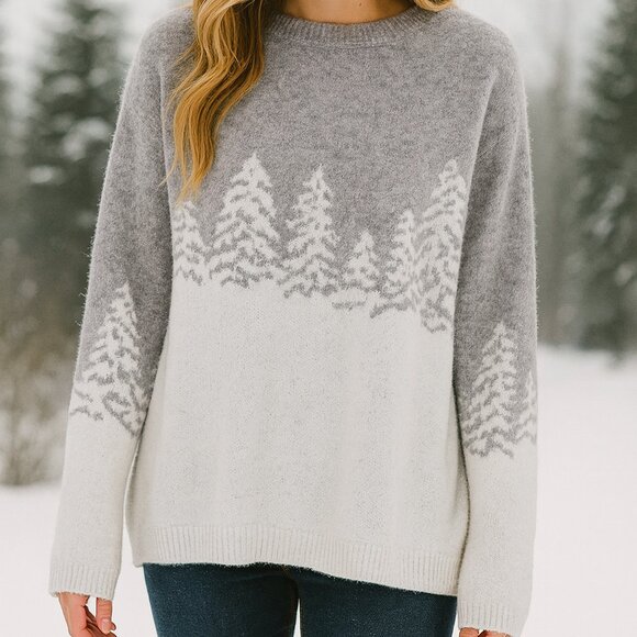 LOFT XXL Cream & Grey Oversized Sweater – Winter Wonderland Tree Scape - Picture 1 of 6